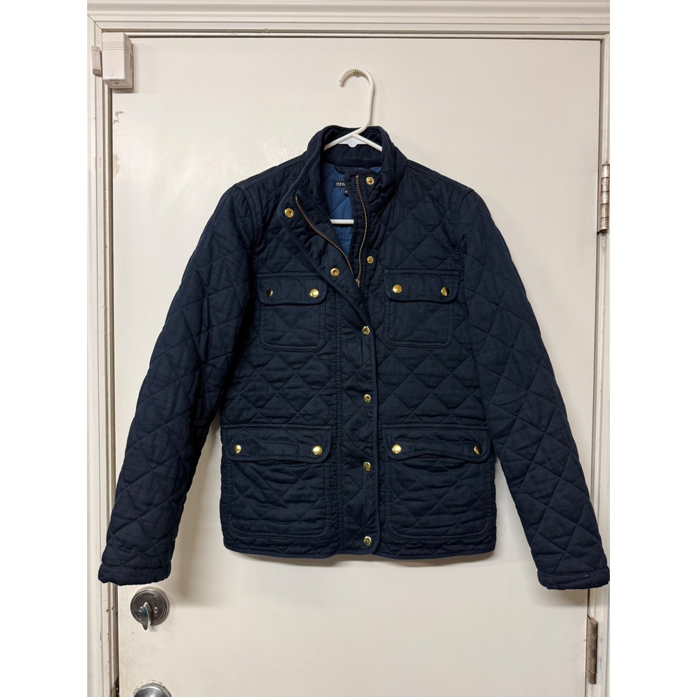 J.Crew Mercantile Women Small Navy Blue Quilted Field Jacket Coat Gold Hardware